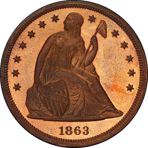 Picture of 1863 SEATED $1 J-346 PR65+ Red Brown Picture of 1863 SEATED $1 J-346 PR65+ Red Brown