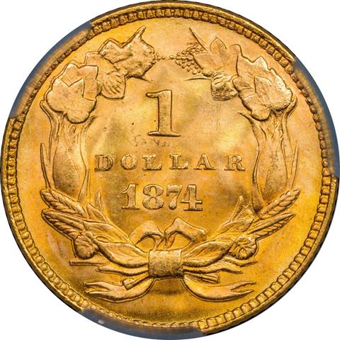 Picture of 1874 GOLD G$1, TYPE 3 MS68 