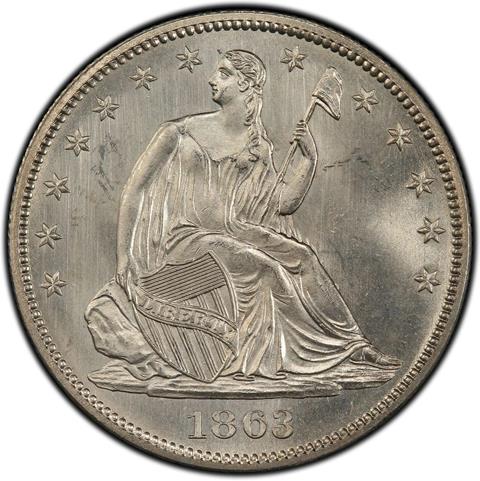 Picture of 1863 LIBERTY SEATED 50C, NO MOTTO MS66 