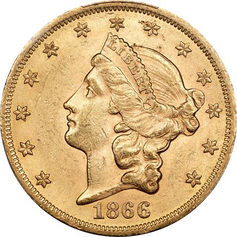 Picture of 1866 LIBERTY HEAD $20, MOTTO MS62 