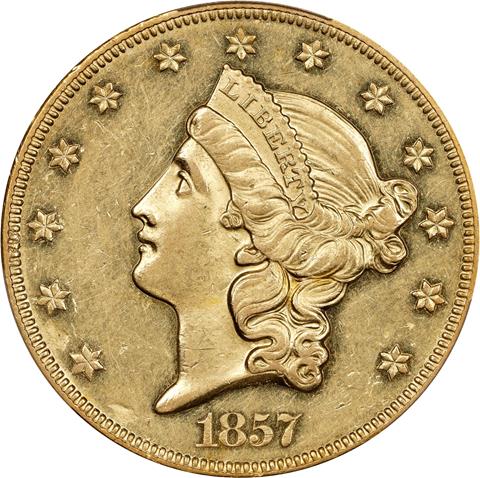 Picture of 1857-O LIBERTY HEAD $20 AU58 