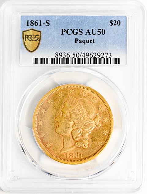 Picture of 1861-S LIBERTY HEAD $20, PAQUET AU50 