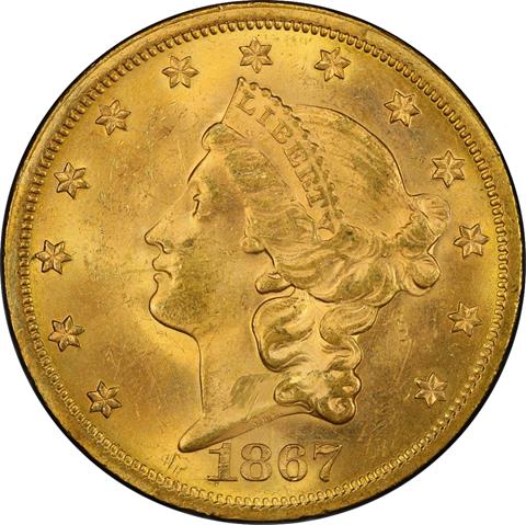 Picture of 1867 LIBERTY HEAD $20 MS63+ 