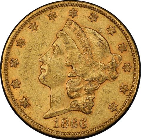 Picture of 1866-S LIBERTY HEAD $20, NO MOTTO AU58 