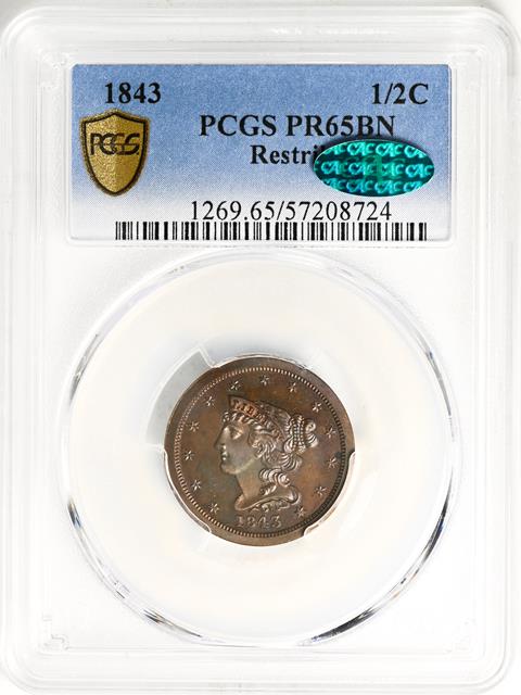 Picture of 1843 BRAIDED HAIR 1/2C, RESTRIKE PR65 Brown