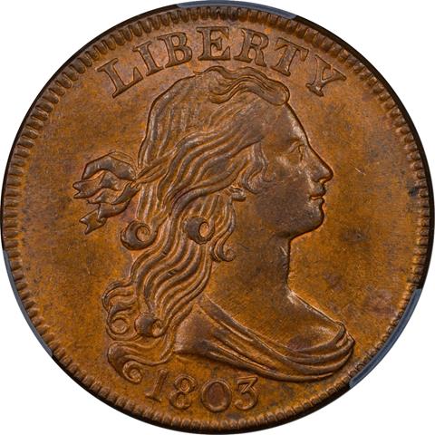 Picture of 1803 DRAPED BUST 1C, SMALL DATE, LG FRAC MS64 Red Brown