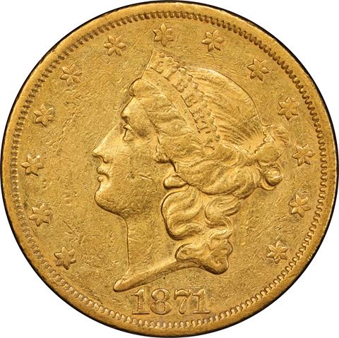 Picture of 1871-CC LIBERTY HEAD $20 AU53 