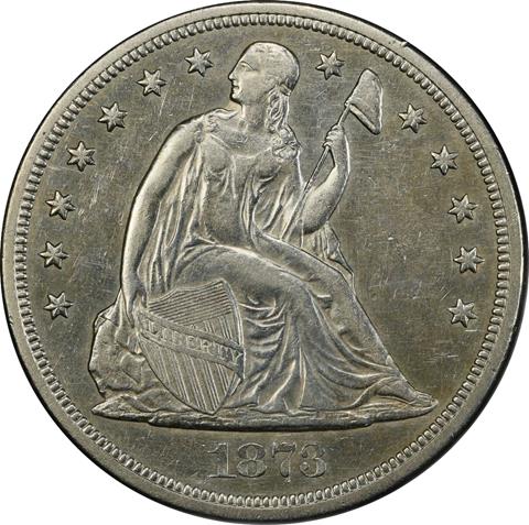 Picture of 1873-CC LIBERTY SEATED S$1, SEATED AU55 