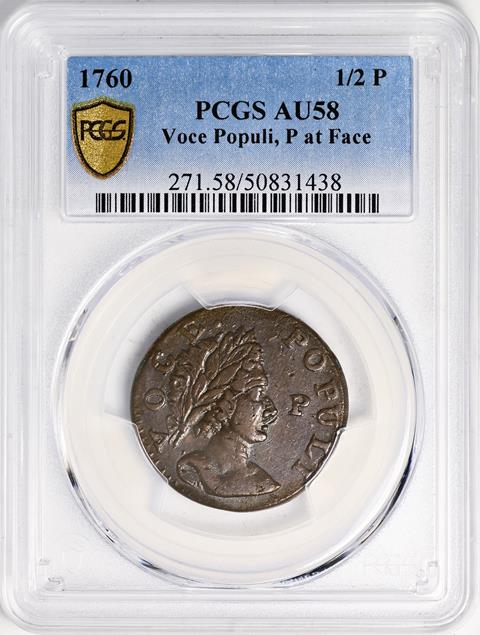 Picture of 1760 VOCE POP, P AT FACE 1/2 P AU58 Brown