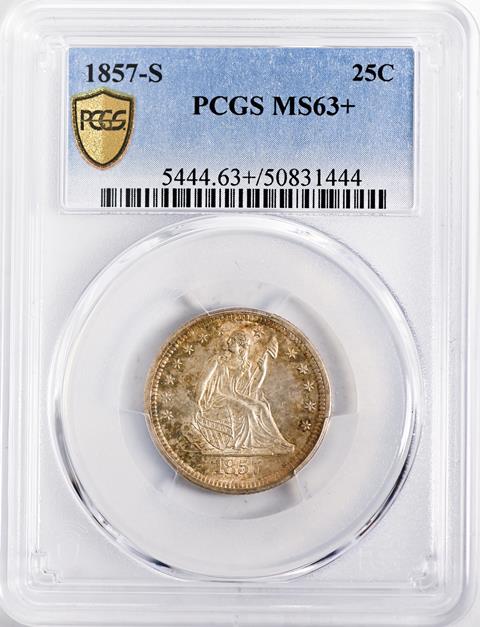 Picture of 1857-S LIBERTY SEATED 25C, NO MOTTO MS63+ 