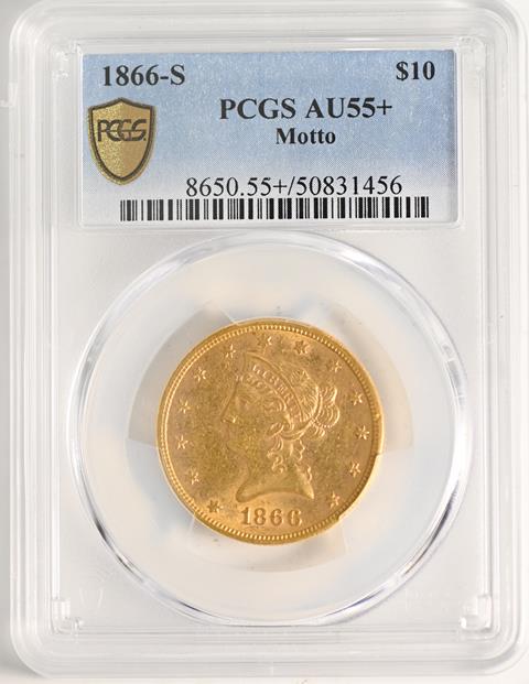 Picture of 1866-S LIBERTY $10, NO MOTTO AU55+ 