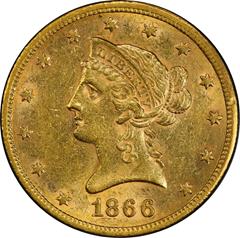 Picture of 1866-S LIBERTY $10, NO MOTTO AU55+ 