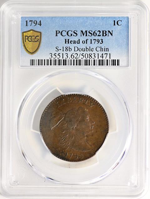 Picture of 1794 LIBERTY CAP 1C, HEAD OF 1793, DENT. BORDER MS62 Brown