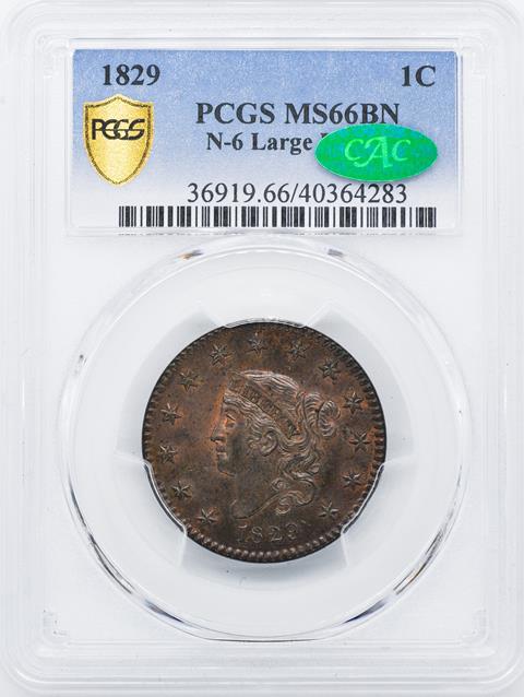 Picture of 1829 CORONET HEAD 1C, LARGE LETTERS MS66 Brown