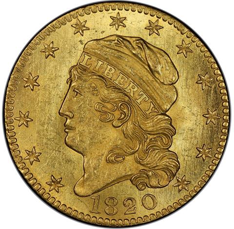 Picture of 1820 CAPPED HEAD $5 LARGE SIZE, SQUARE-BASE 2 MS64  Picture of 1820 CAPPED HEAD $5 LARGE SIZE, SQUARE-BASE 2 MS64