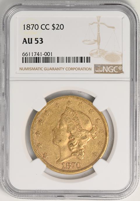 Picture of 1870-CC LIBERTY HEAD $20 AU53 