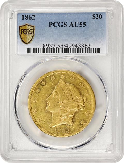 Picture of 1862 LIBERTY HEAD $20 AU55 