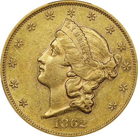 Picture of 1862 LIBERTY HEAD $20 AU55 