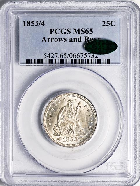 Picture of 1853/4 LIBERTY SEATED 25C, ARROWS AND RAYS MS65 