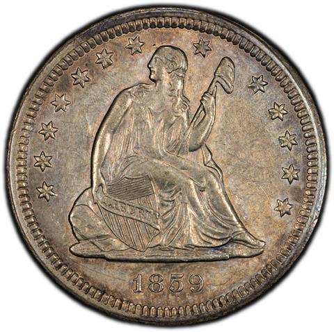 Picture of 1859-S LIBERTY SEATED 25C, NO MOTTO AU55  Picture of 1859-S LIBERTY SEATED 25C, NO MOTTO AU55