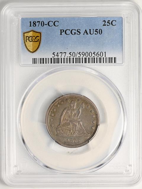 Picture of 1870-CC LIBERTY SEATED 25C, MOTTO AU50 