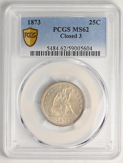 Picture of 1873 LIBERTY SEATED 25C, NO ARROWS, CLOSED 3 MS62 