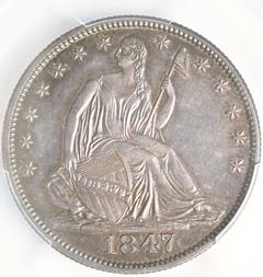 Picture of 1847/6 LIBERTY SEATED 50C, NO MOTTO MS62 