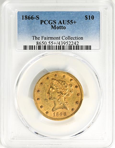 Picture of 1866-S LIBERTY $10, NO MOTTO AU55+ 