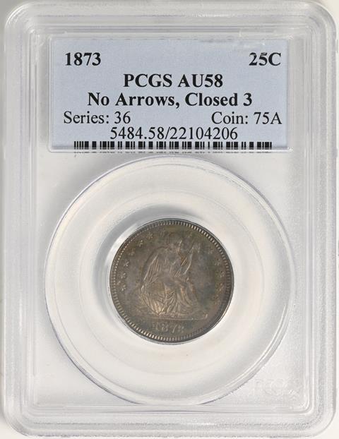 Picture of 1873 LIBERTY SEATED 25C, NO ARROWS, CLOSED 3 AU58 