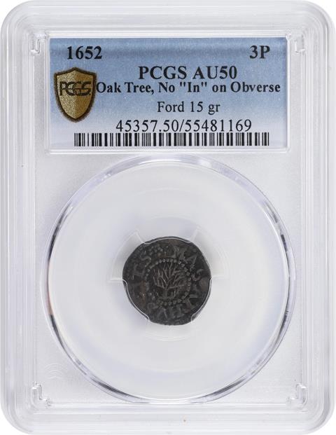 Picture of 1652 OAK TREE 3 PENCE, NO IN ON OBVERSE AU50 
