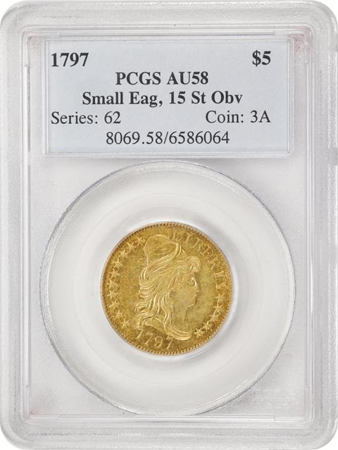 Picture of 1797 DRAPED BUST $5, SMALL EAG, 15 ST OBV AU58 