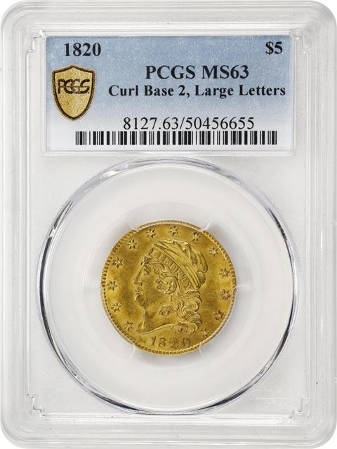 Picture of 1820 CAPPED BUST $5, CURL 2-LARGE LETTERS MS63 