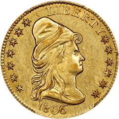Picture of 1806/5 DRAPED BUST $2.5, 7X6 STARS AU58 