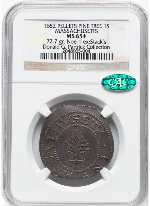 Picture of 1652 PINE TREE SHILLING, PELLETS AT TRUNK MS65+ 