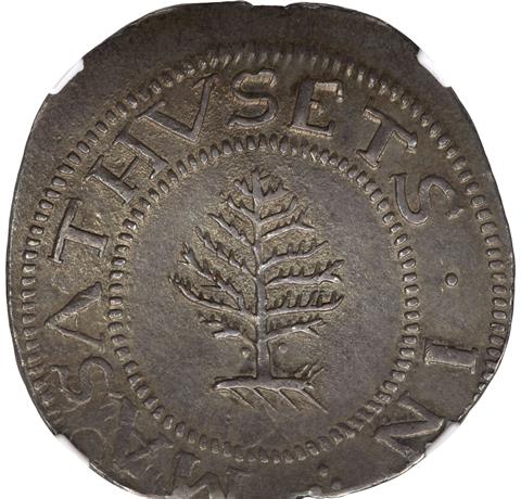 Picture of 1652 PINE TREE SHILLING, PELLETS AT TRUNK MS65+  Picture of 1652 PINE TREE SHILLING, PELLETS AT TRUNK MS65+