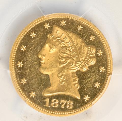 Picture of 1873 LIBERTY $5, CLOSED 3 PR63 Cameo Picture of 1873 LIBERTY $5, CLOSED 3 PR63 Cameo