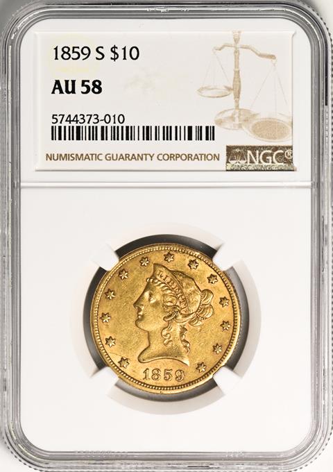 Picture of 1859-S LIBERTY HEAD $10 AU58 