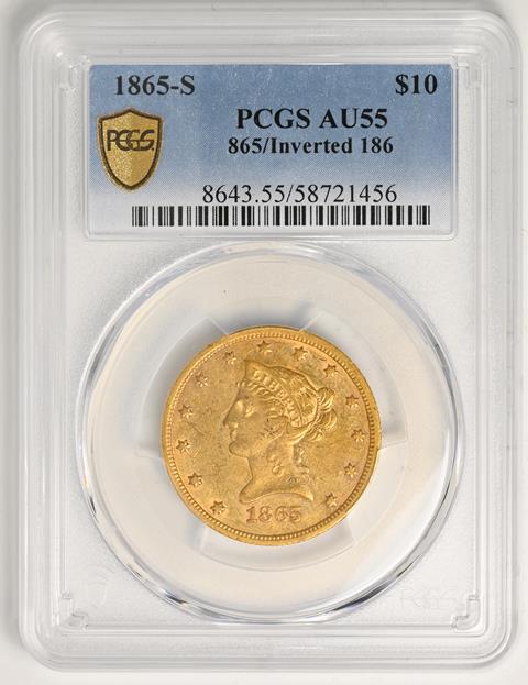 Picture of 1865/INV 186-S LIBERTY HEAD $10, 865/INVERTED 186 AU55 