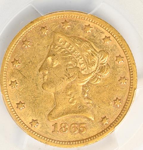 Picture of 1865/INV 186-S LIBERTY HEAD $10, 865/INVERTED 186 AU55  Picture of 1865/INV 186-S LIBERTY HEAD $10, 865/INVERTED 186 AU55