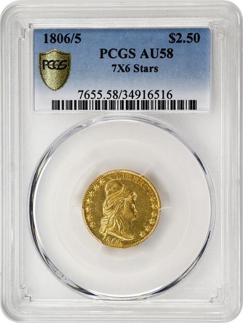 Picture of 1806/5 DRAPED BUST $2.5, 7X6 STARS AU58 