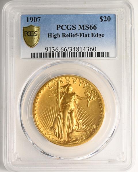 Picture of 1907 ST. GAUDENS $20, HIGH RELIEF-FLAT EDGE MS66 