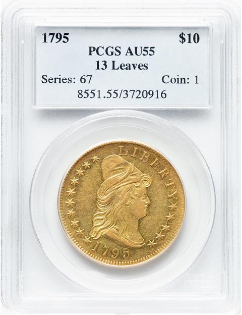 Picture of 1795 DRAPED BUST $10, 13 LEAVES, SMALL EAGLE AU55 