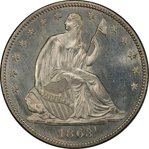 Picture of 1863 LIBERTY SEATED 50C, NO MOTTO MS66  Picture of 1863 LIBERTY SEATED 50C, NO MOTTO MS66