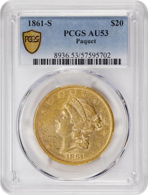 Picture of 1861-S LIBERTY HEAD $20, PAQUET AU53 