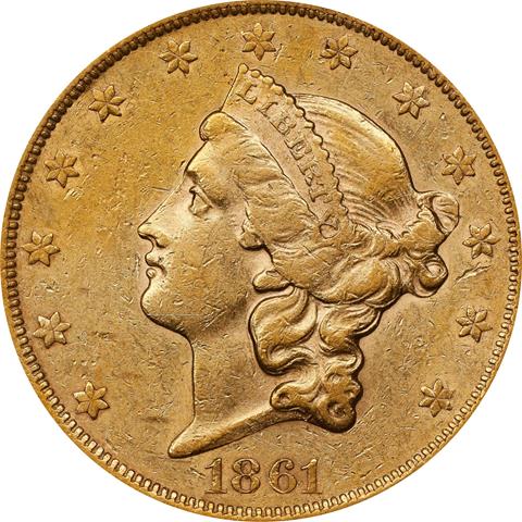 Picture of 1861-S LIBERTY HEAD $20, PAQUET AU53 