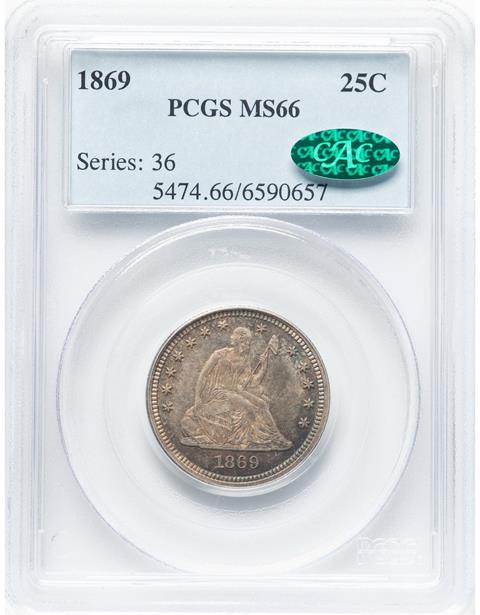 Picture of 1869 LIBERTY SEATED 25C, MOTTO MS66 