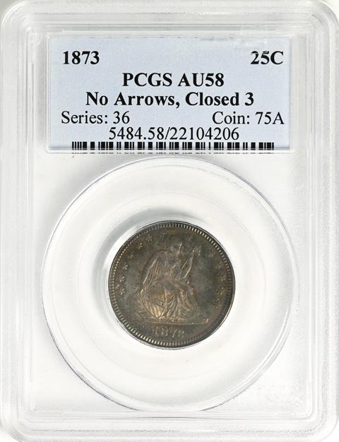 Picture of 1873 LIBERTY SEATED 25C, NO ARROWS, CLOSED 3 AU58 