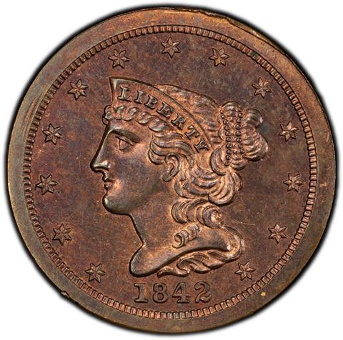 Picture of 1842 BRAIDED HAIR 1/2C, RESTRIKE PR65 Red Brown