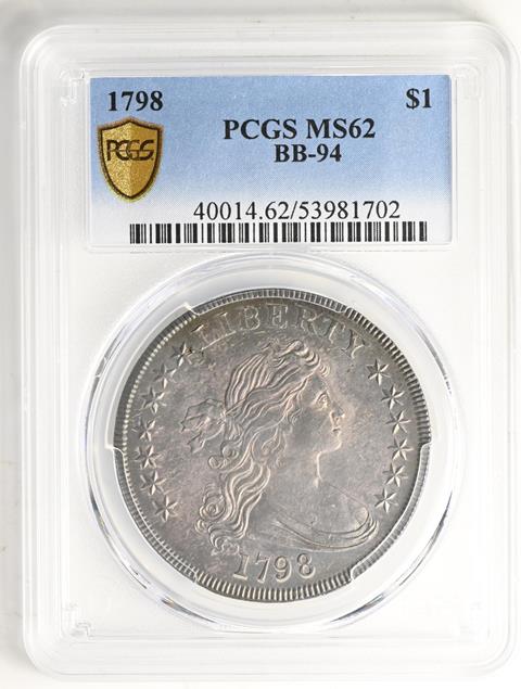 Picture of 1798 DRAPED BUST $1, KNOB 9, 4 VERTICAL LINES MS62 