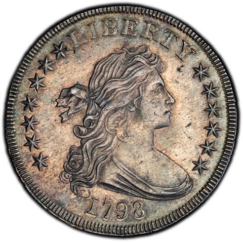 Picture of 1798 DRAPED BUST $1, KNOB 9, 4 VERTICAL LINES MS62 